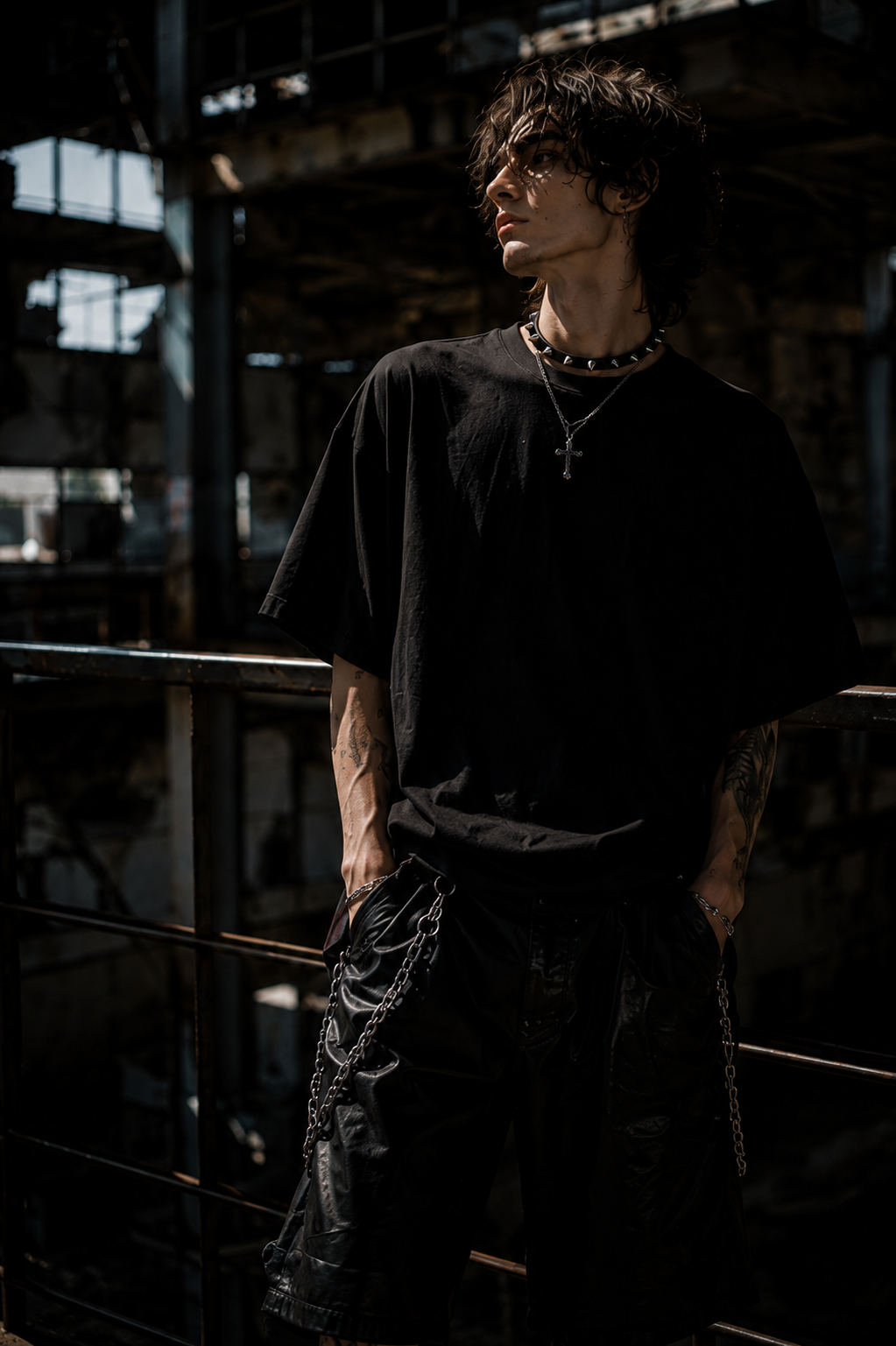 Modelo usando remera negra Fatal de frente en una locación industrial